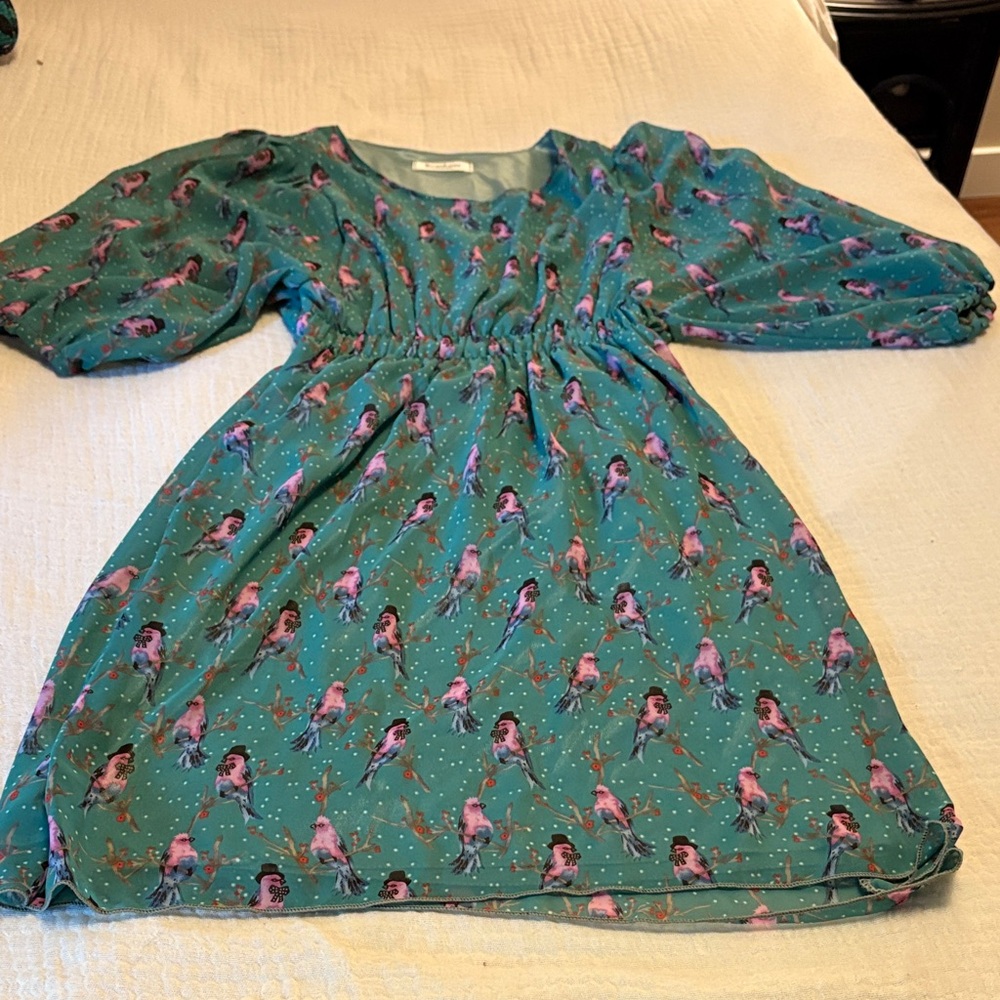 Teal Dress with Bird Print
